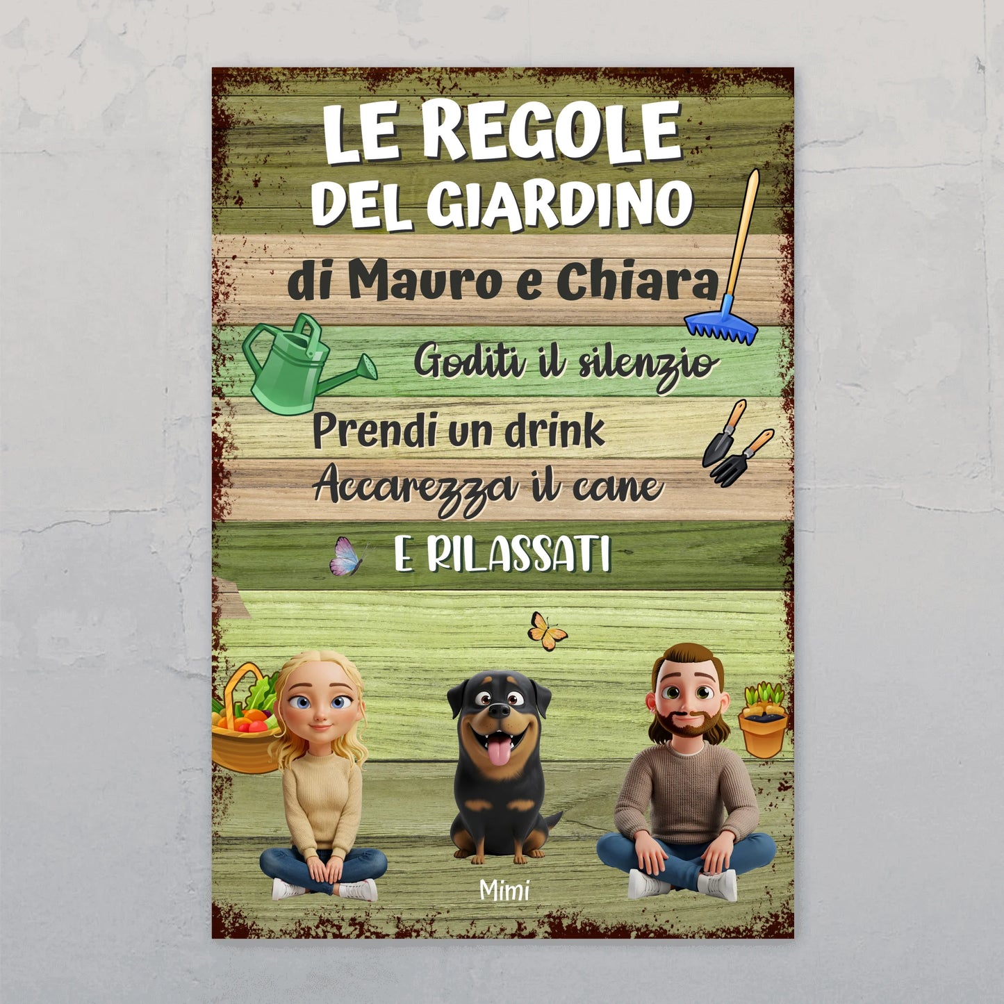Le regole di un giardino con animali - Cartello da giardino personalizzato