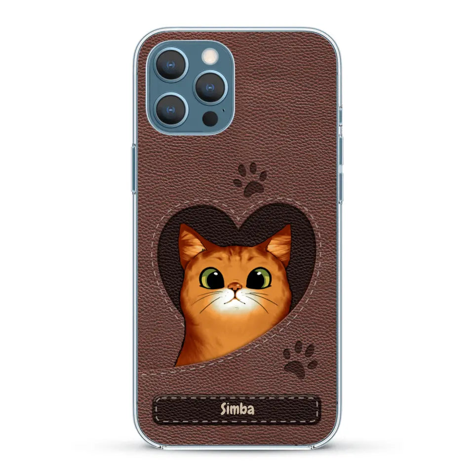 Custodia per il telefono personalizzata - Gatto con cuore aspetto similpelle