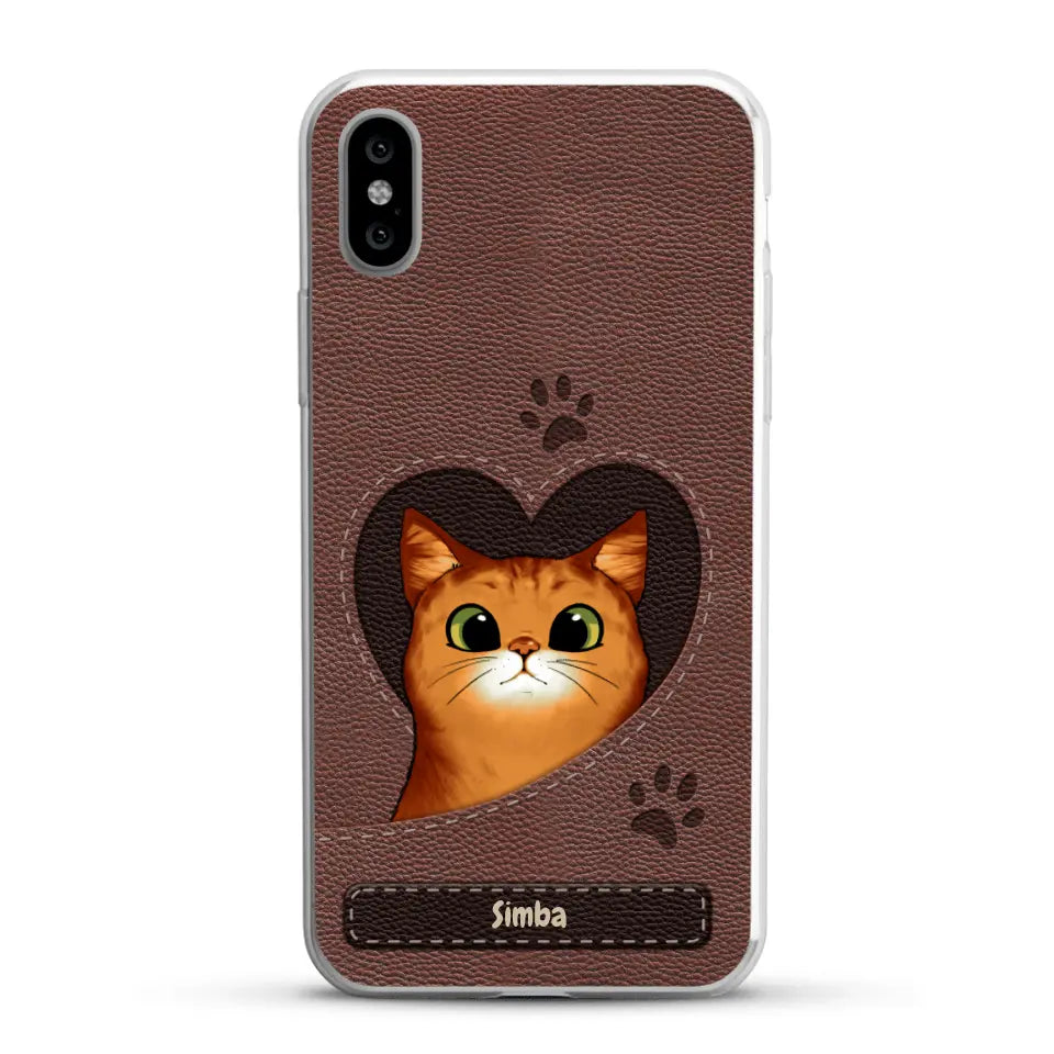 Custodia per il telefono personalizzata - Gatto con cuore aspetto similpelle