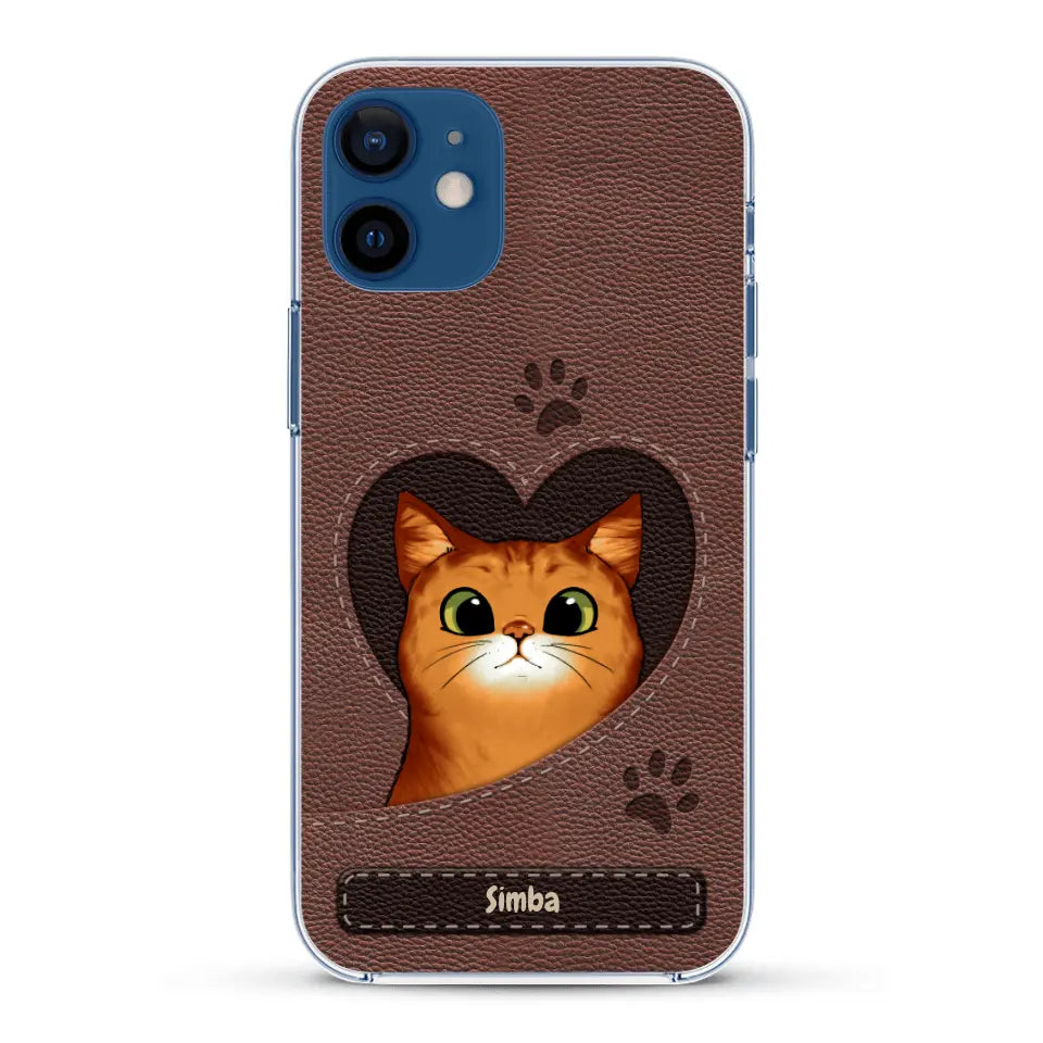 Custodia per il telefono personalizzata - Gatto con cuore aspetto similpelle