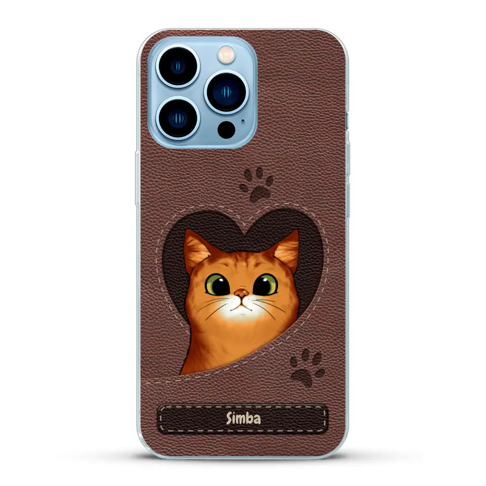 Custodia per il telefono personalizzata - Gatto con cuore aspetto similpelle