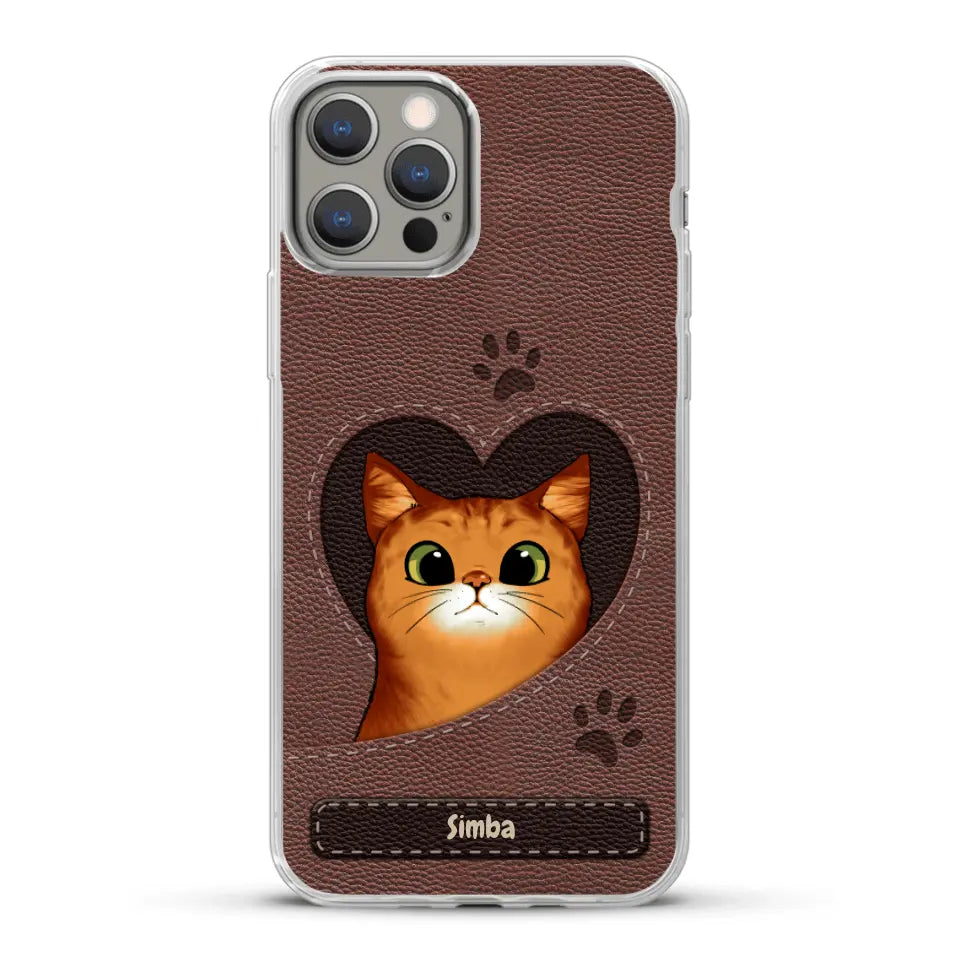 Custodia per il telefono personalizzata - Gatto con cuore aspetto similpelle