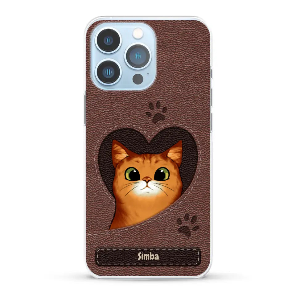 Custodia per il telefono personalizzata - Gatto con cuore aspetto similpelle