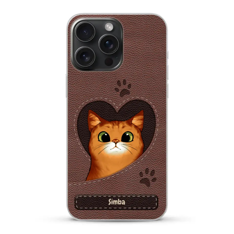 Custodia per il telefono personalizzata - Gatto con cuore aspetto similpelle
