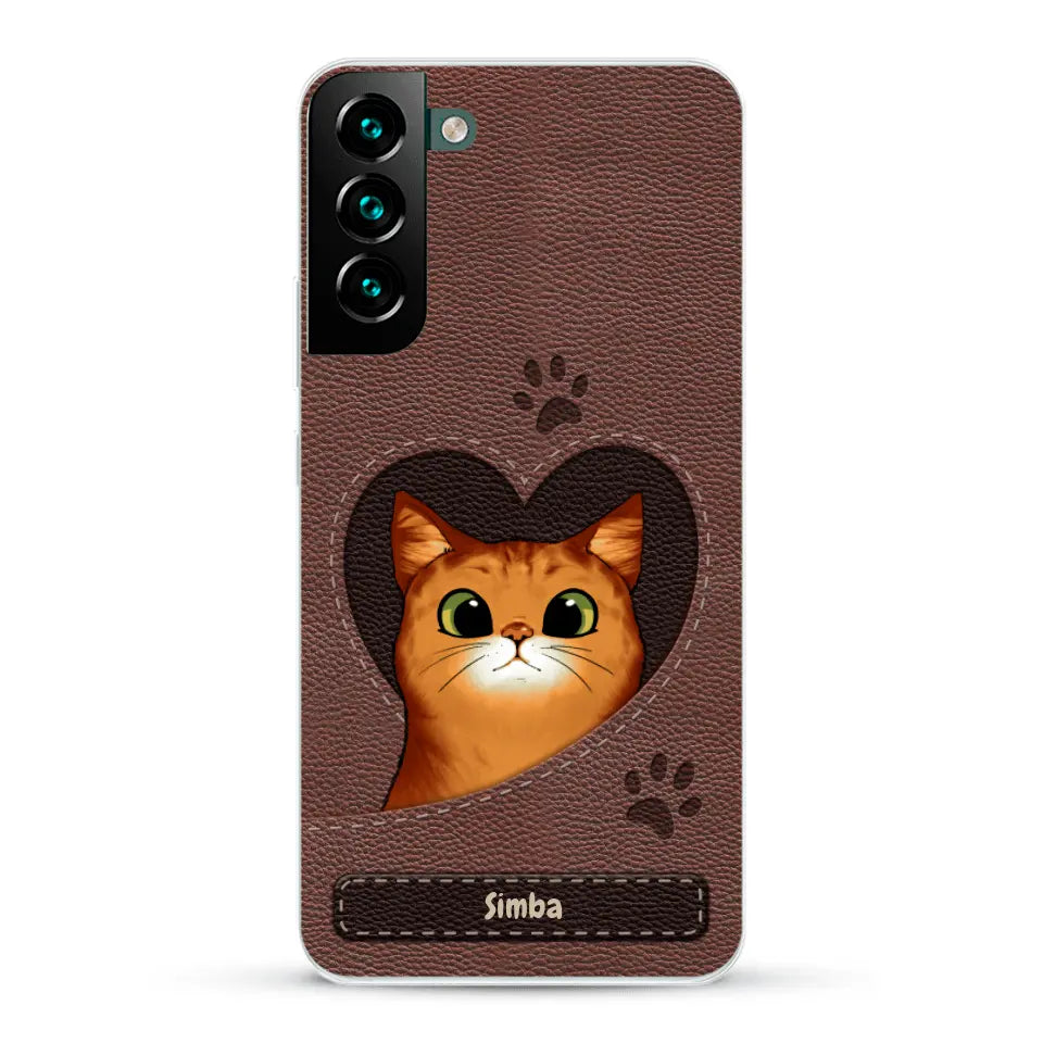 Custodia per il telefono personalizzata - Gatto con cuore aspetto similpelle
