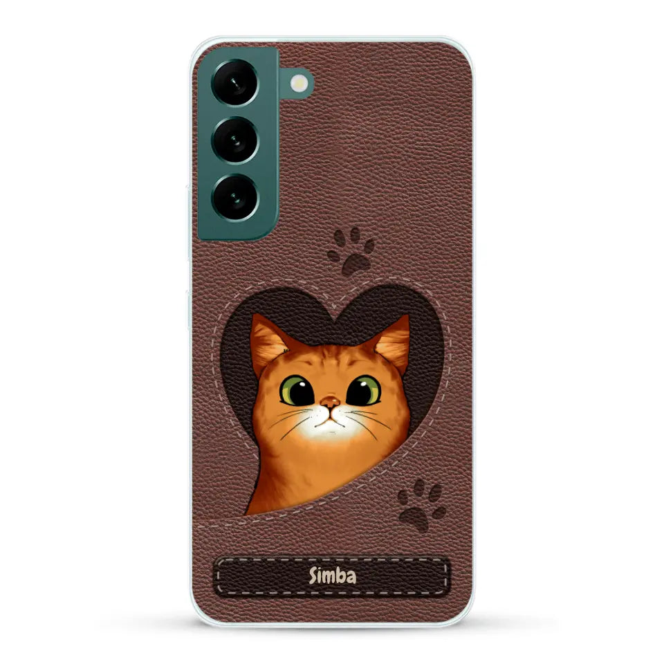 Custodia per il telefono personalizzata - Gatto con cuore aspetto similpelle