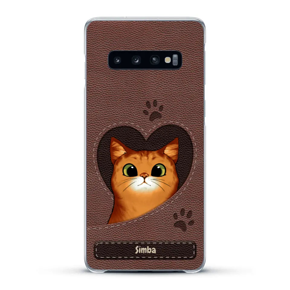 Custodia per il telefono personalizzata - Gatto con cuore aspetto similpelle