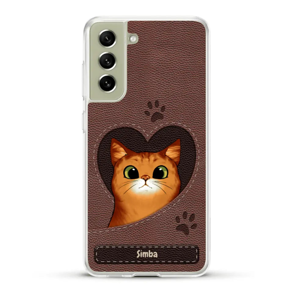 Custodia per il telefono personalizzata - Gatto con cuore aspetto similpelle
