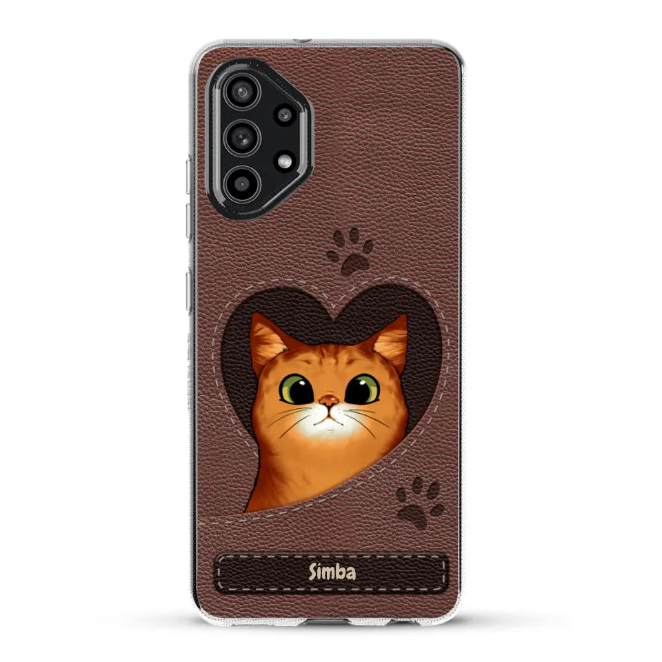 Custodia per il telefono personalizzata - Gatto con cuore aspetto similpelle