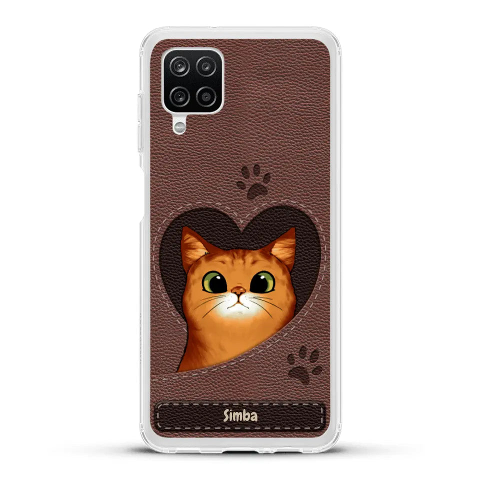 Custodia per il telefono personalizzata - Gatto con cuore aspetto similpelle