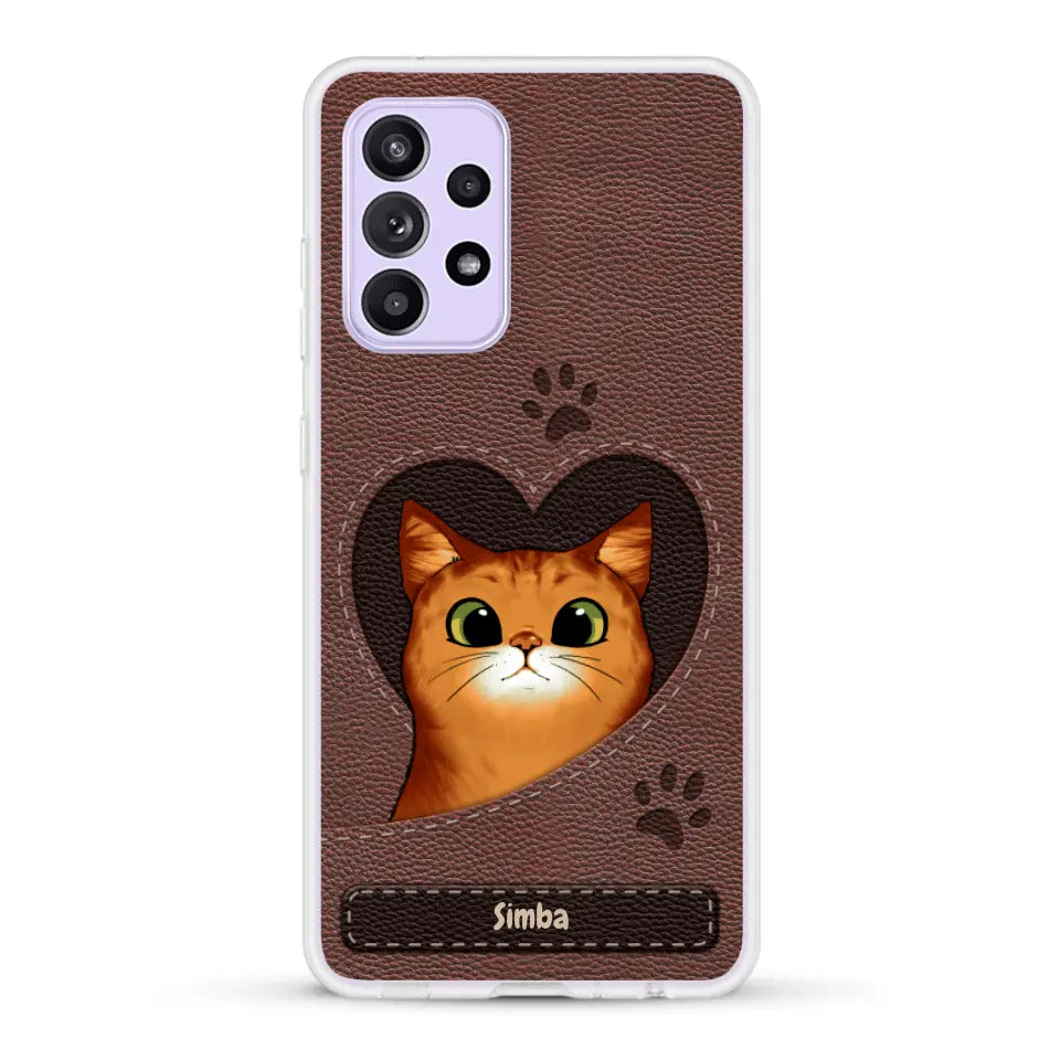 Custodia per il telefono personalizzata - Gatto con cuore aspetto similpelle