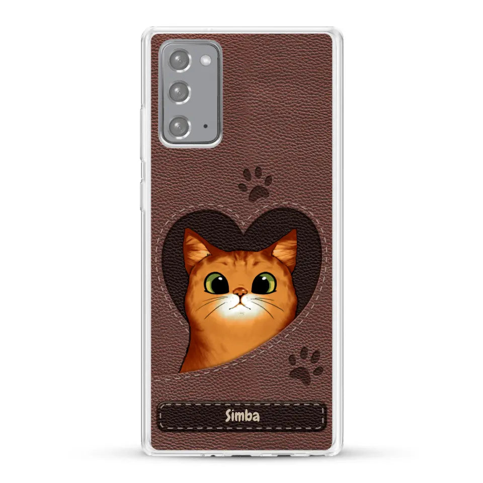 Custodia per il telefono personalizzata - Gatto con cuore aspetto similpelle