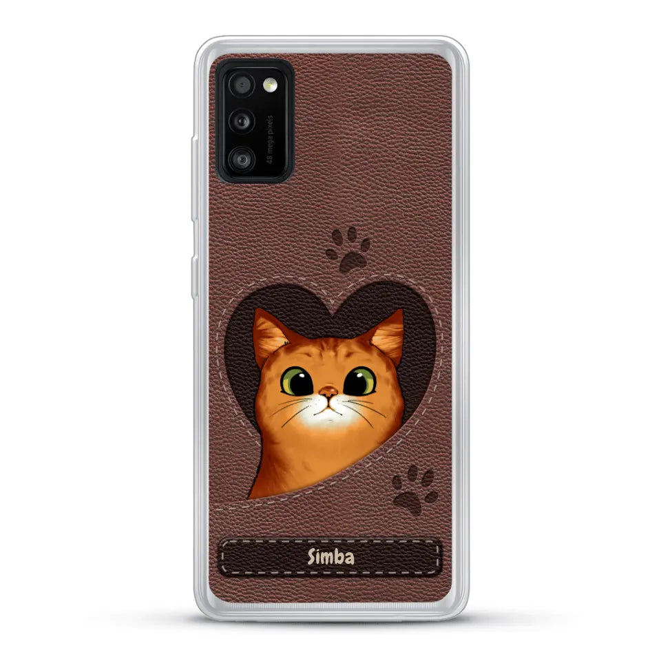 Custodia per il telefono personalizzata - Gatto con cuore aspetto similpelle