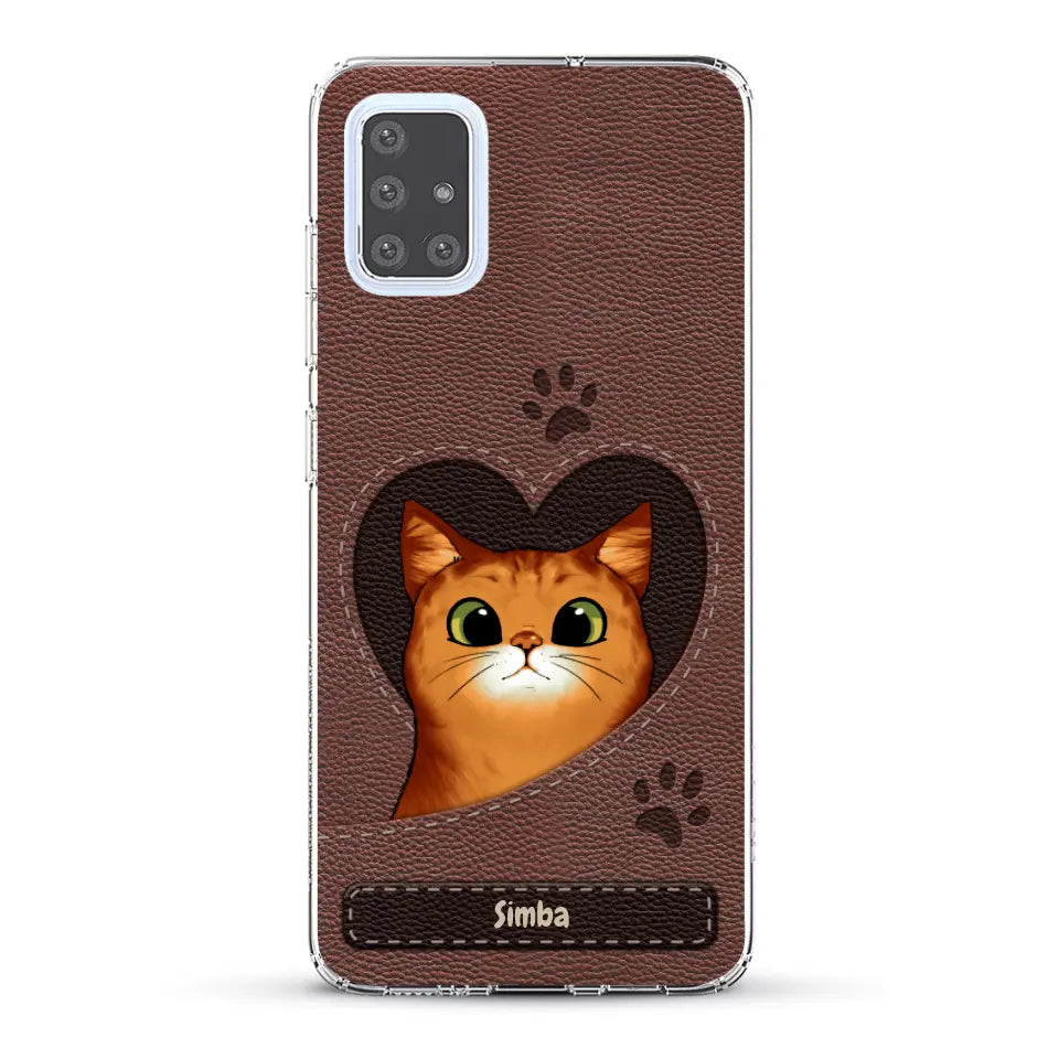 Custodia per il telefono personalizzata - Gatto con cuore aspetto similpelle