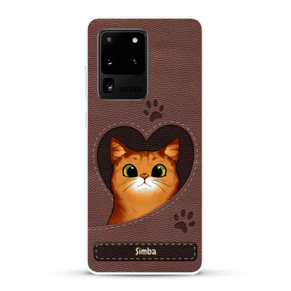 Custodia per il telefono personalizzata - Gatto con cuore aspetto similpelle