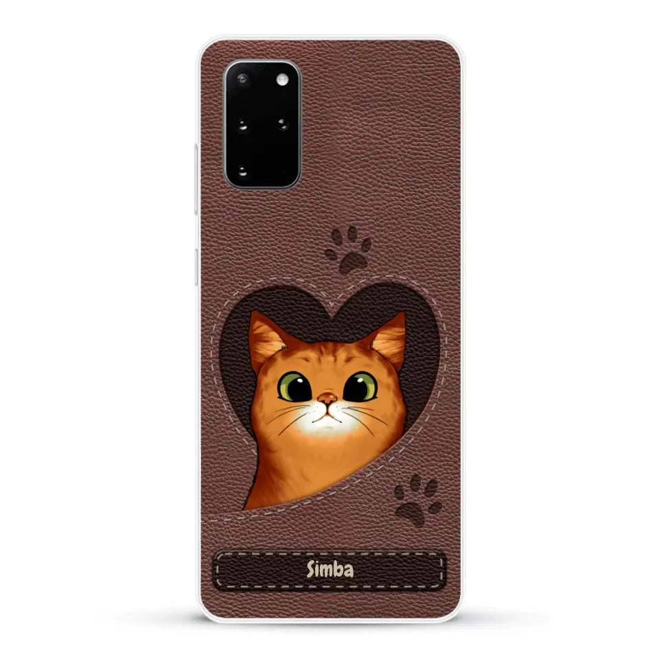Custodia per il telefono personalizzata - Gatto con cuore aspetto similpelle