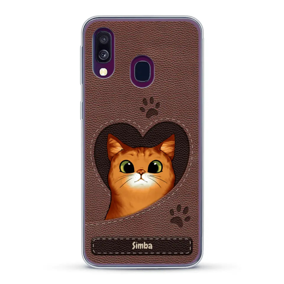Custodia per il telefono personalizzata - Gatto con cuore aspetto similpelle