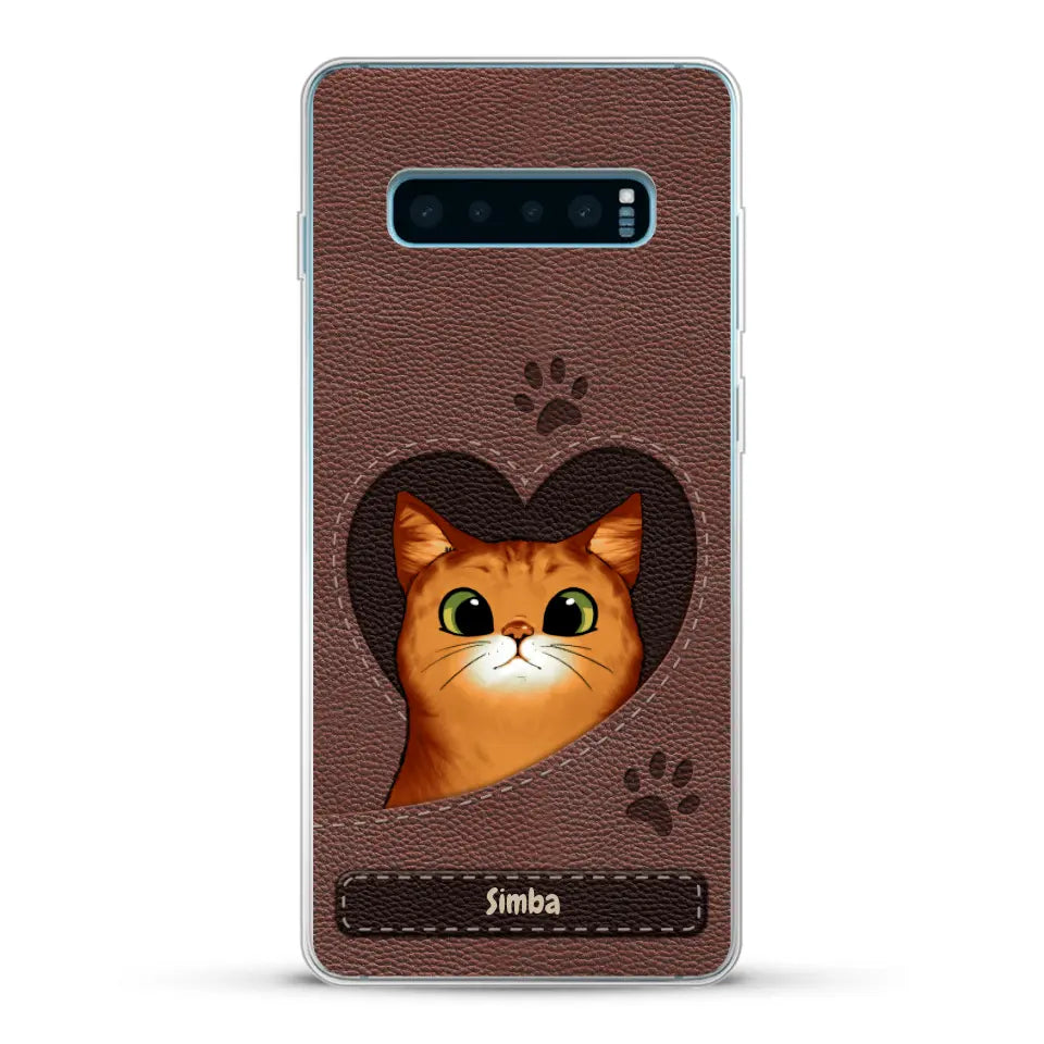 Custodia per il telefono personalizzata - Gatto con cuore aspetto similpelle