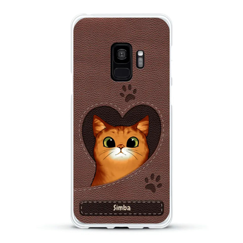 Custodia per il telefono personalizzata - Gatto con cuore aspetto similpelle