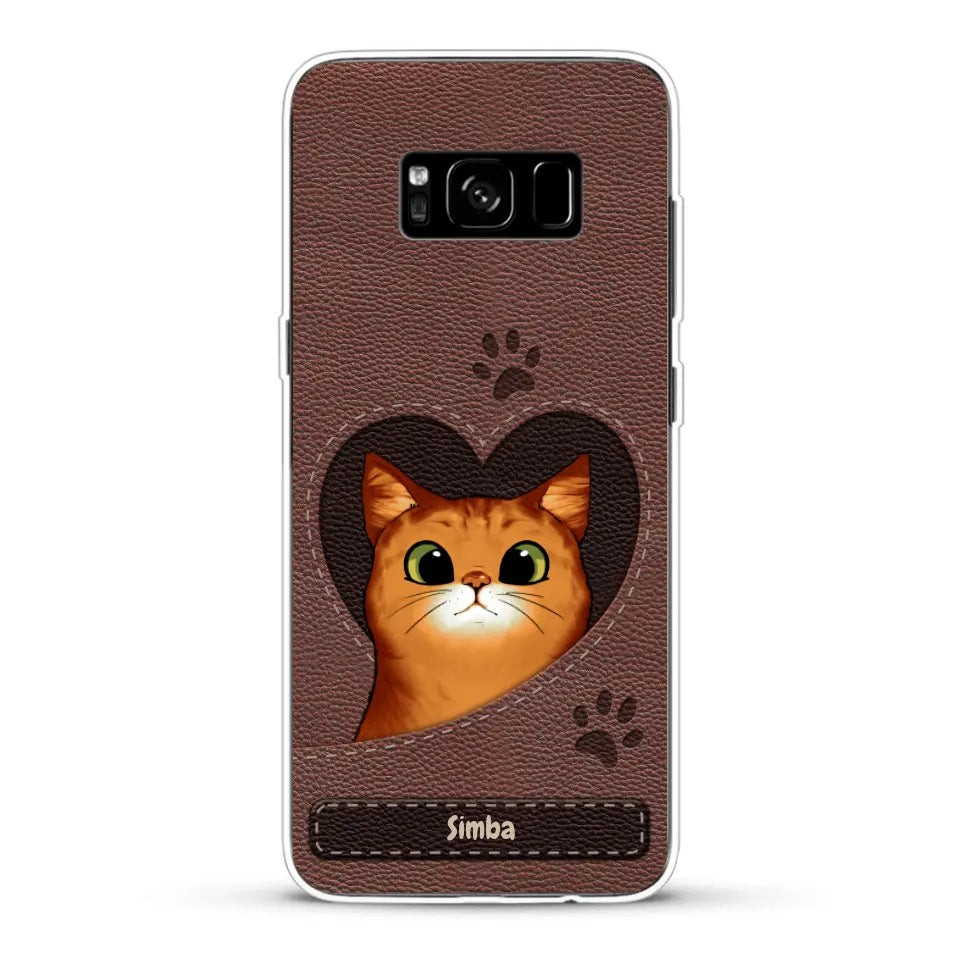 Custodia per il telefono personalizzata - Gatto con cuore aspetto similpelle