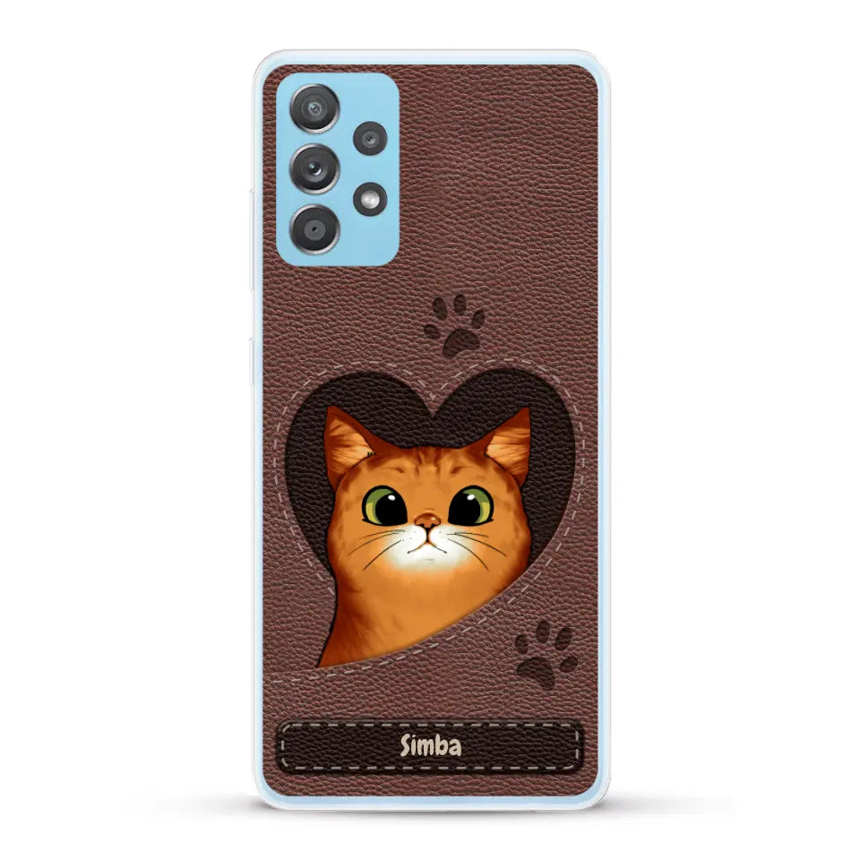 Custodia per il telefono personalizzata - Gatto con cuore aspetto similpelle