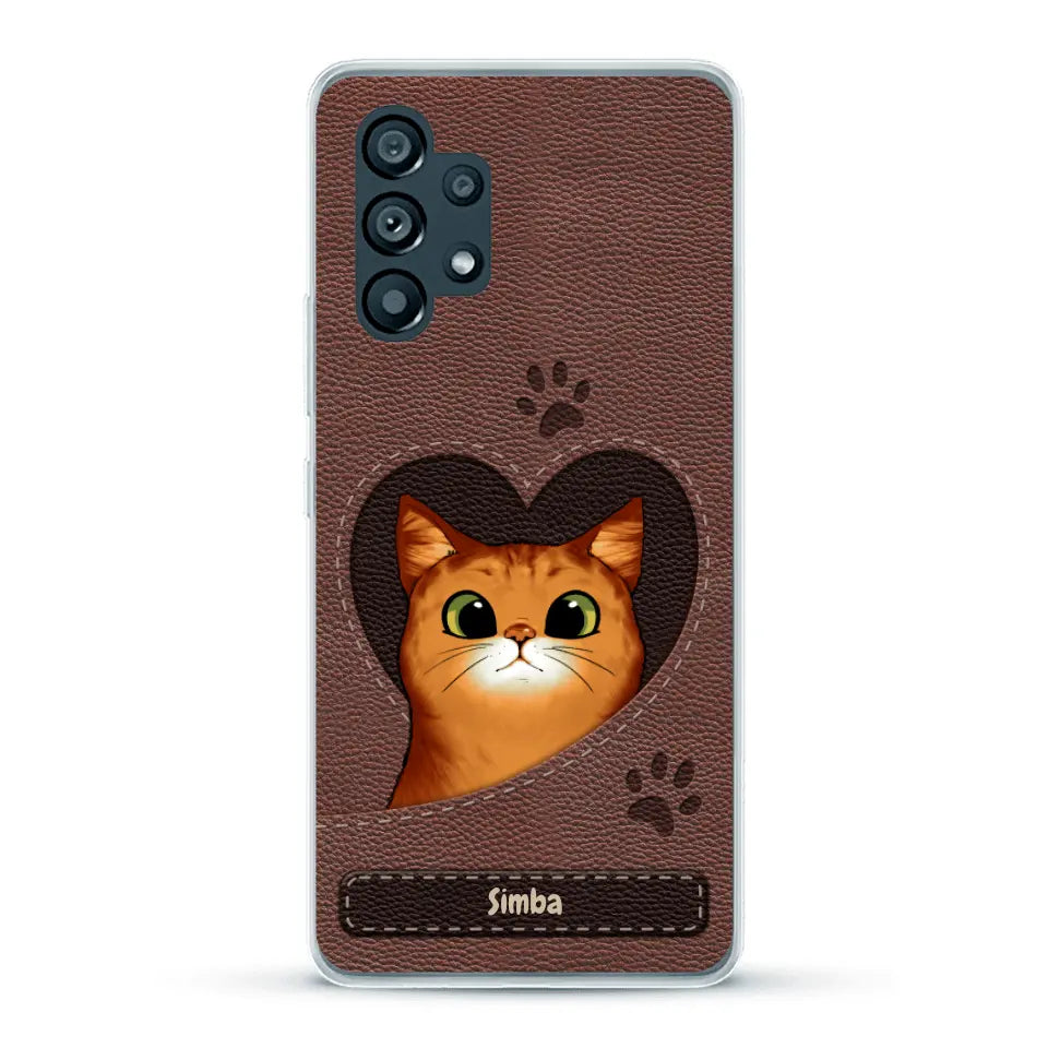 Custodia per il telefono personalizzata - Gatto con cuore aspetto similpelle