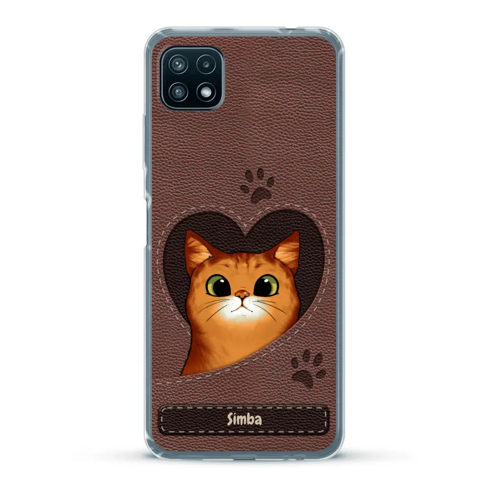 Custodia per il telefono personalizzata - Gatto con cuore aspetto similpelle