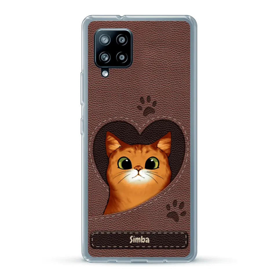 Custodia per il telefono personalizzata - Gatto con cuore aspetto similpelle