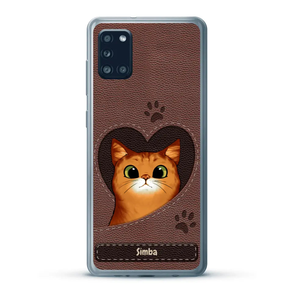 Custodia per il telefono personalizzata - Gatto con cuore aspetto similpelle