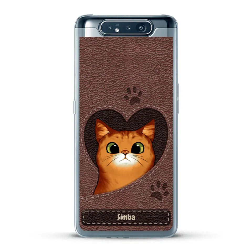 Custodia per il telefono personalizzata - Gatto con cuore aspetto similpelle
