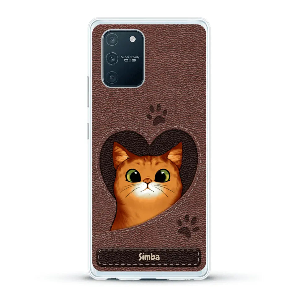 Custodia per il telefono personalizzata - Gatto con cuore aspetto similpelle