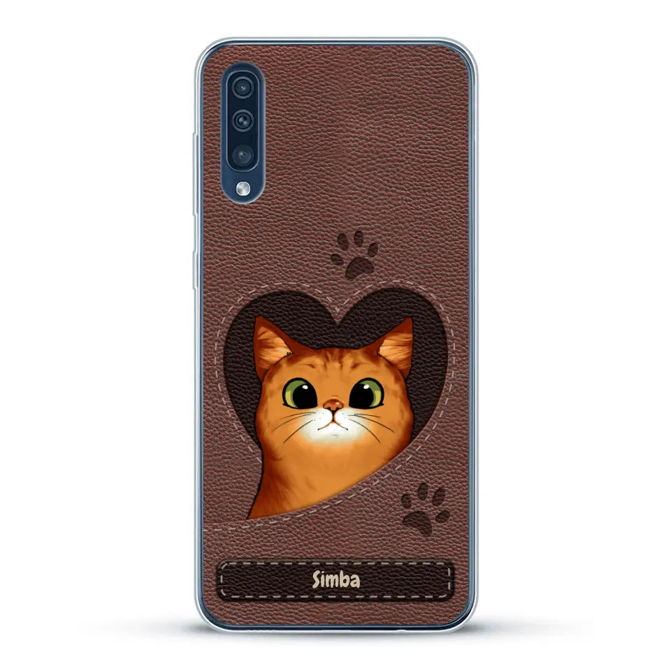 Custodia per il telefono personalizzata - Gatto con cuore aspetto similpelle