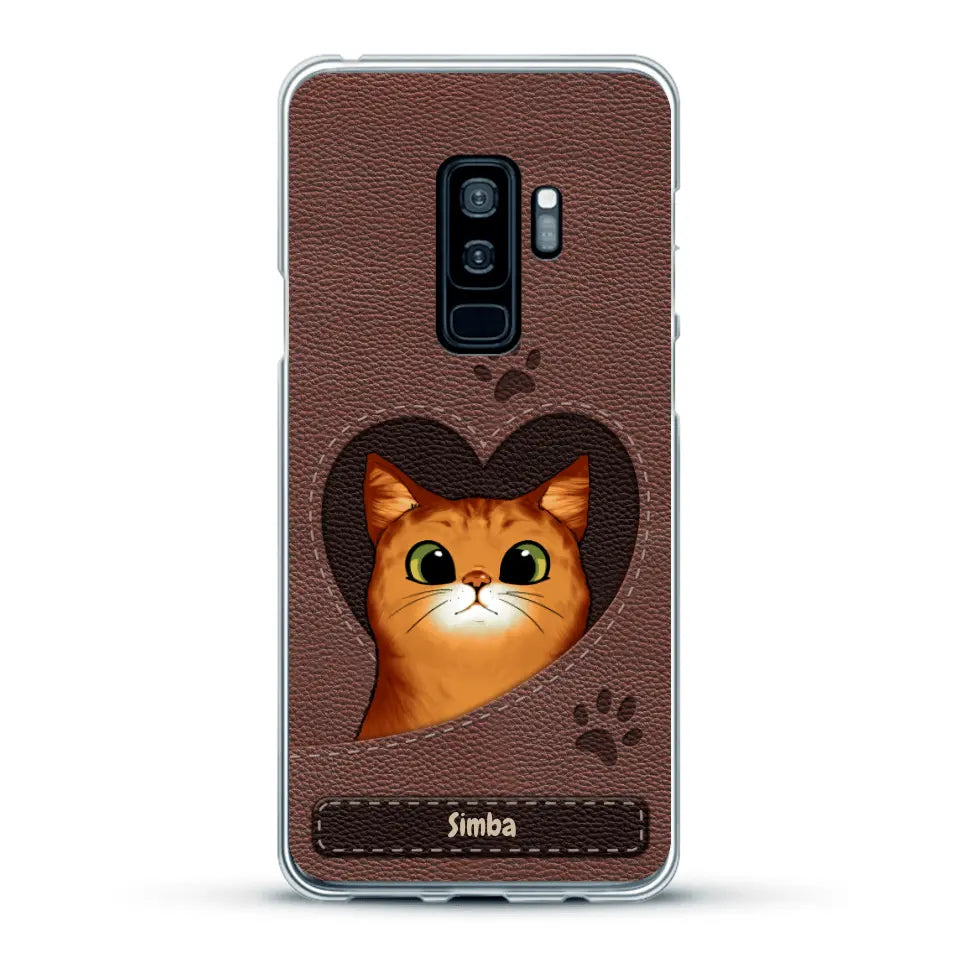 Custodia per il telefono personalizzata - Gatto con cuore aspetto similpelle