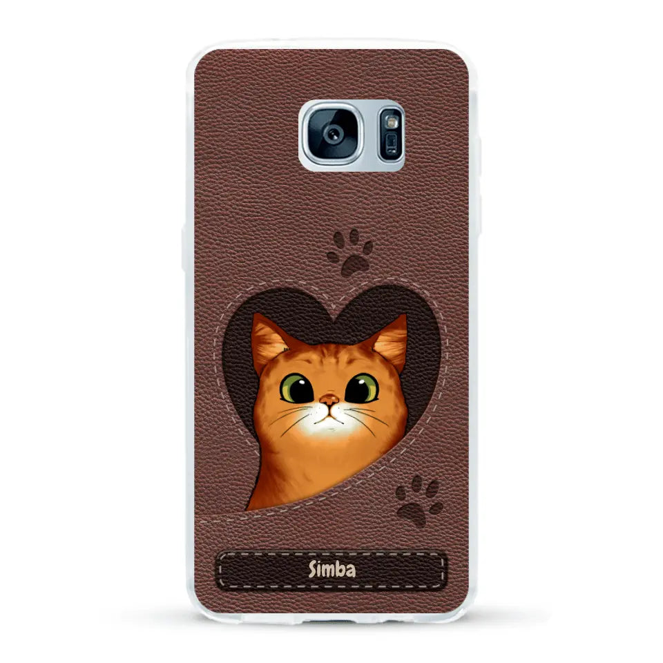 Custodia per il telefono personalizzata - Gatto con cuore aspetto similpelle