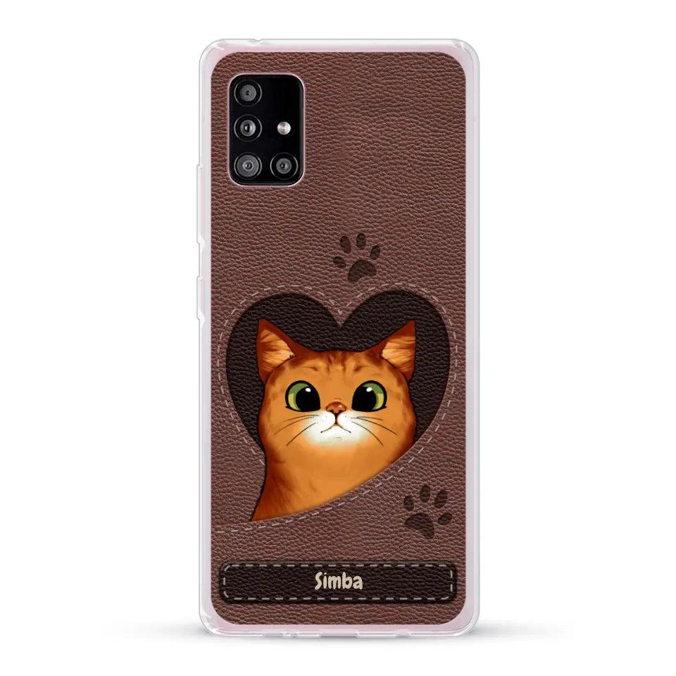 Custodia per il telefono personalizzata - Gatto con cuore aspetto similpelle