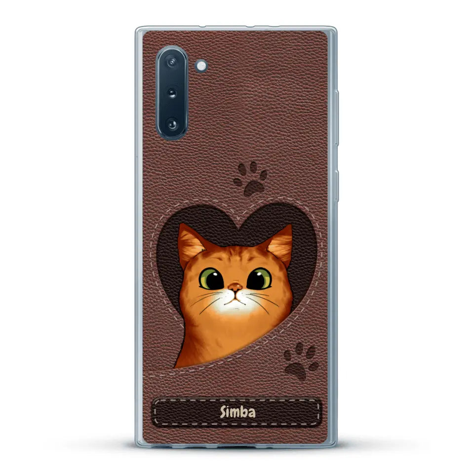 Custodia per il telefono personalizzata - Gatto con cuore aspetto similpelle