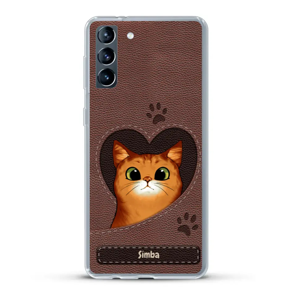 Custodia per il telefono personalizzata - Gatto con cuore aspetto similpelle