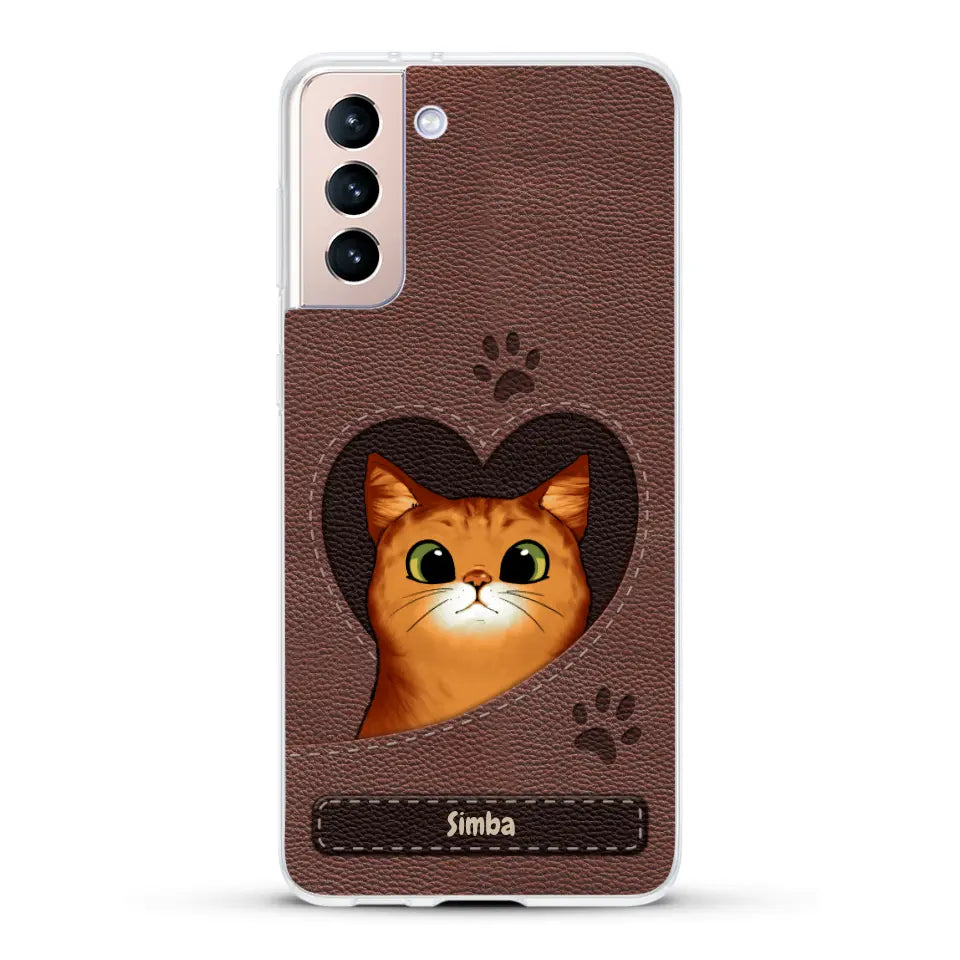 Custodia per il telefono personalizzata - Gatto con cuore aspetto similpelle