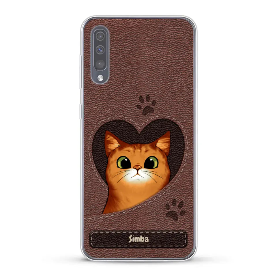 Custodia per il telefono personalizzata - Gatto con cuore aspetto similpelle