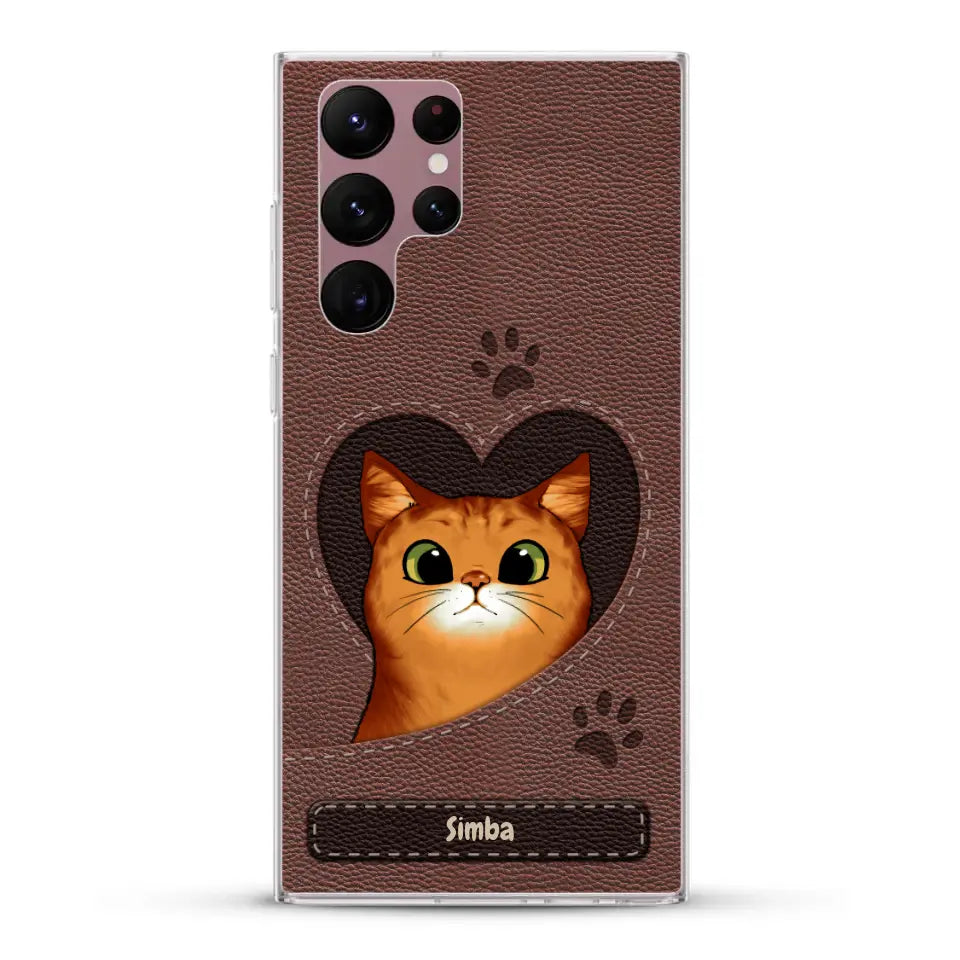 Custodia per il telefono personalizzata - Gatto con cuore aspetto similpelle