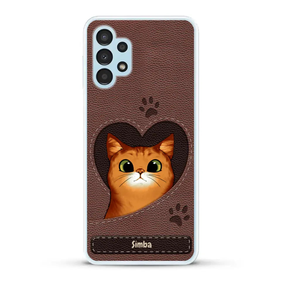 Custodia per il telefono personalizzata - Gatto con cuore aspetto similpelle