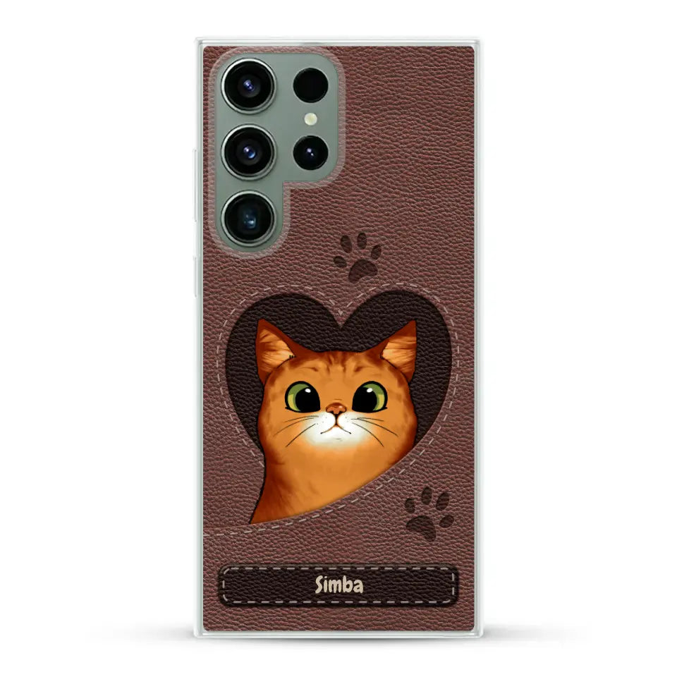 Custodia per il telefono personalizzata - Gatto con cuore aspetto similpelle