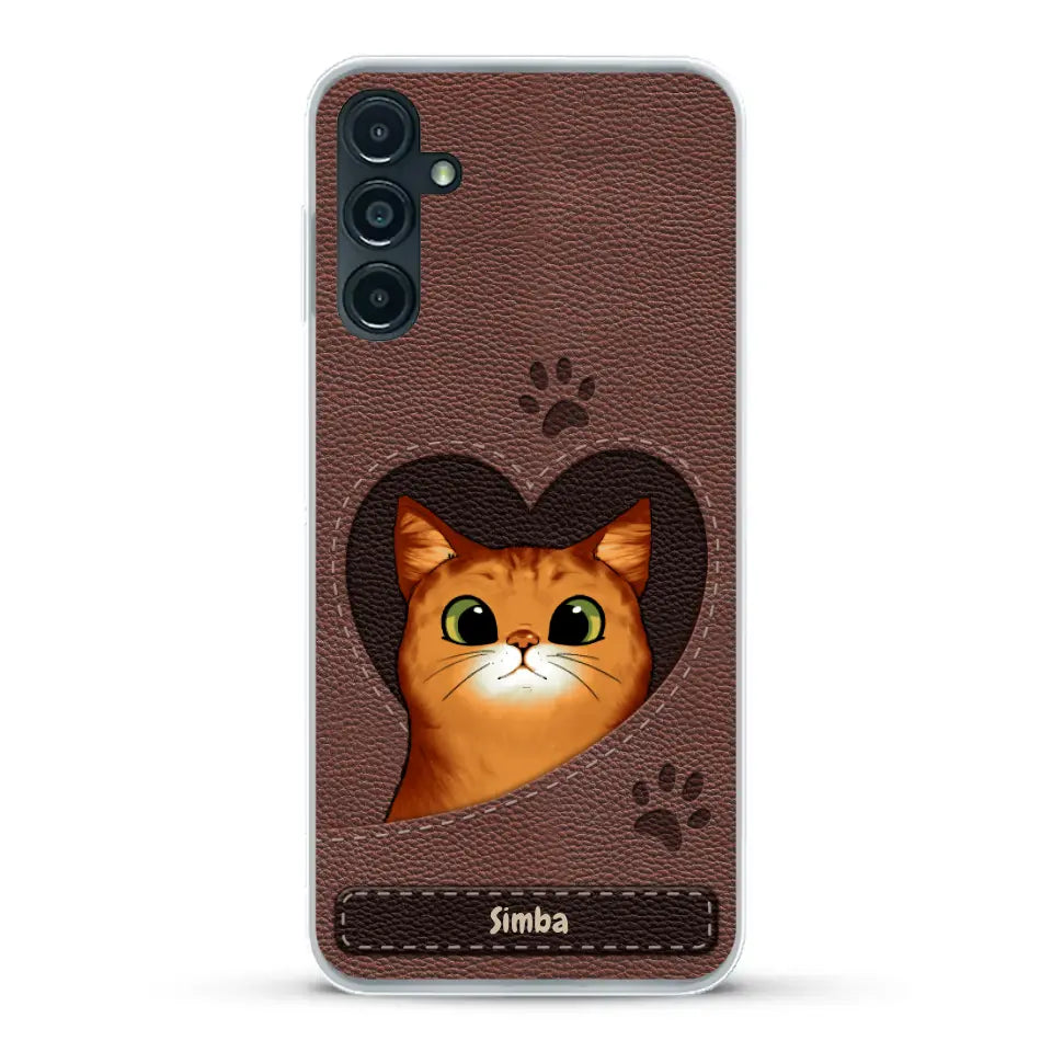 Custodia per il telefono personalizzata - Gatto con cuore aspetto similpelle