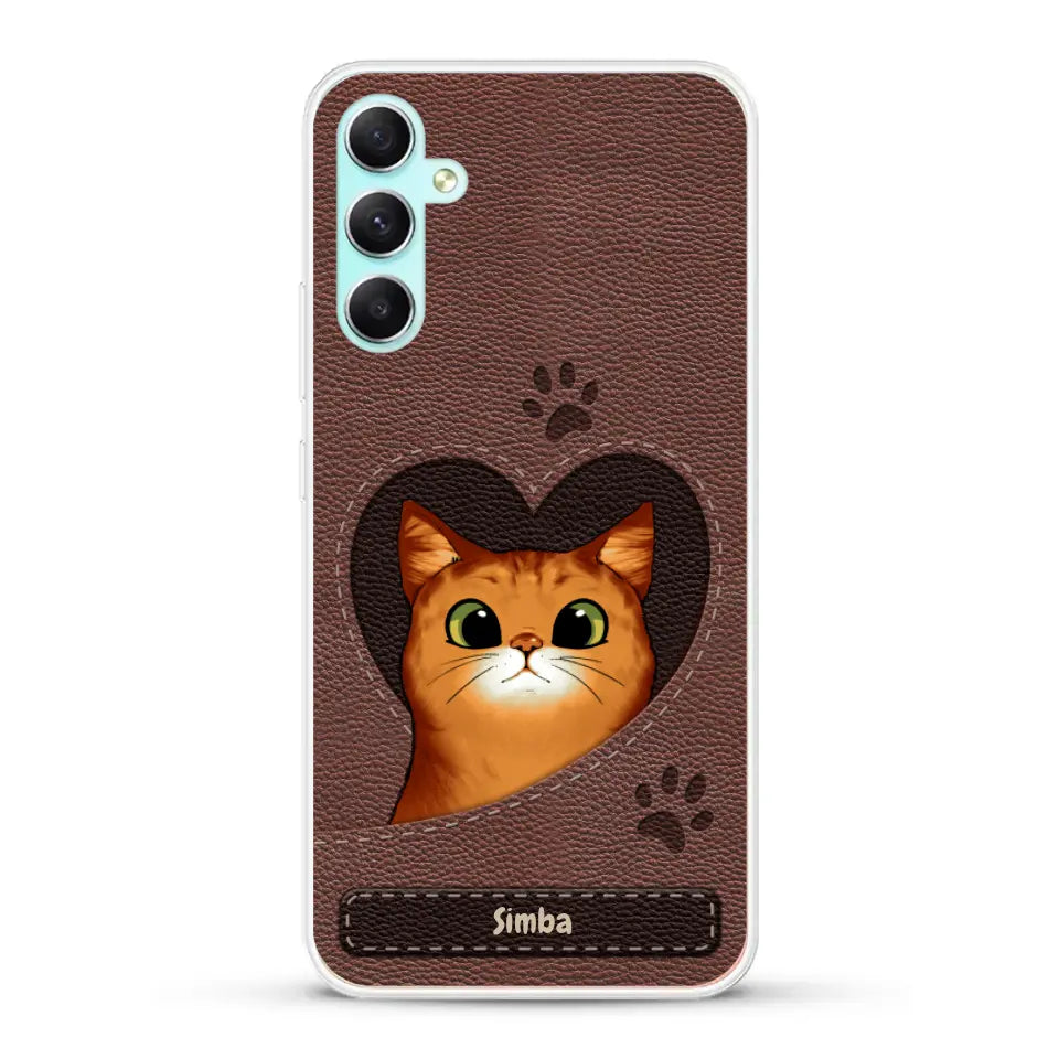 Custodia per il telefono personalizzata - Gatto con cuore aspetto similpelle