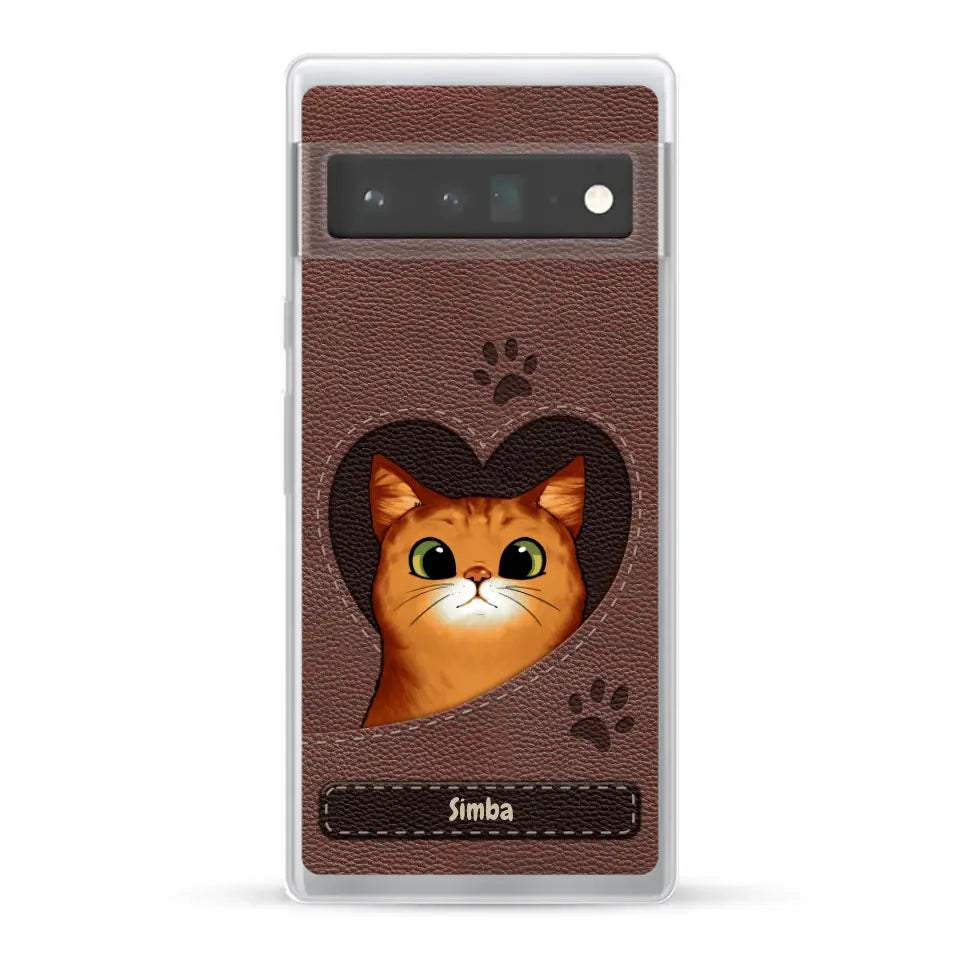 Gatto con cuore aspetto similpelle - Custodia per il telefono personalizzata