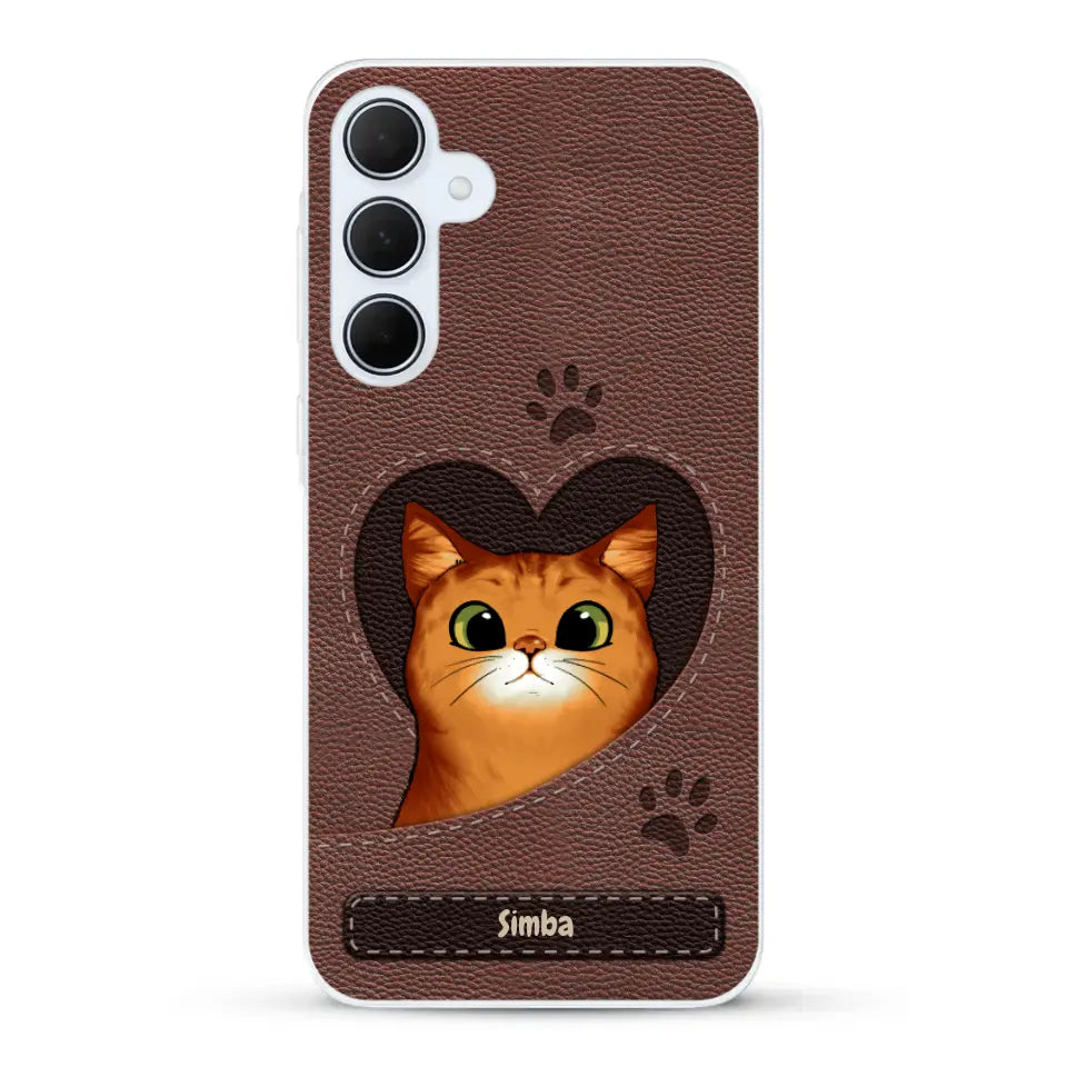 Custodia per il telefono personalizzata - Gatto con cuore aspetto similpelle