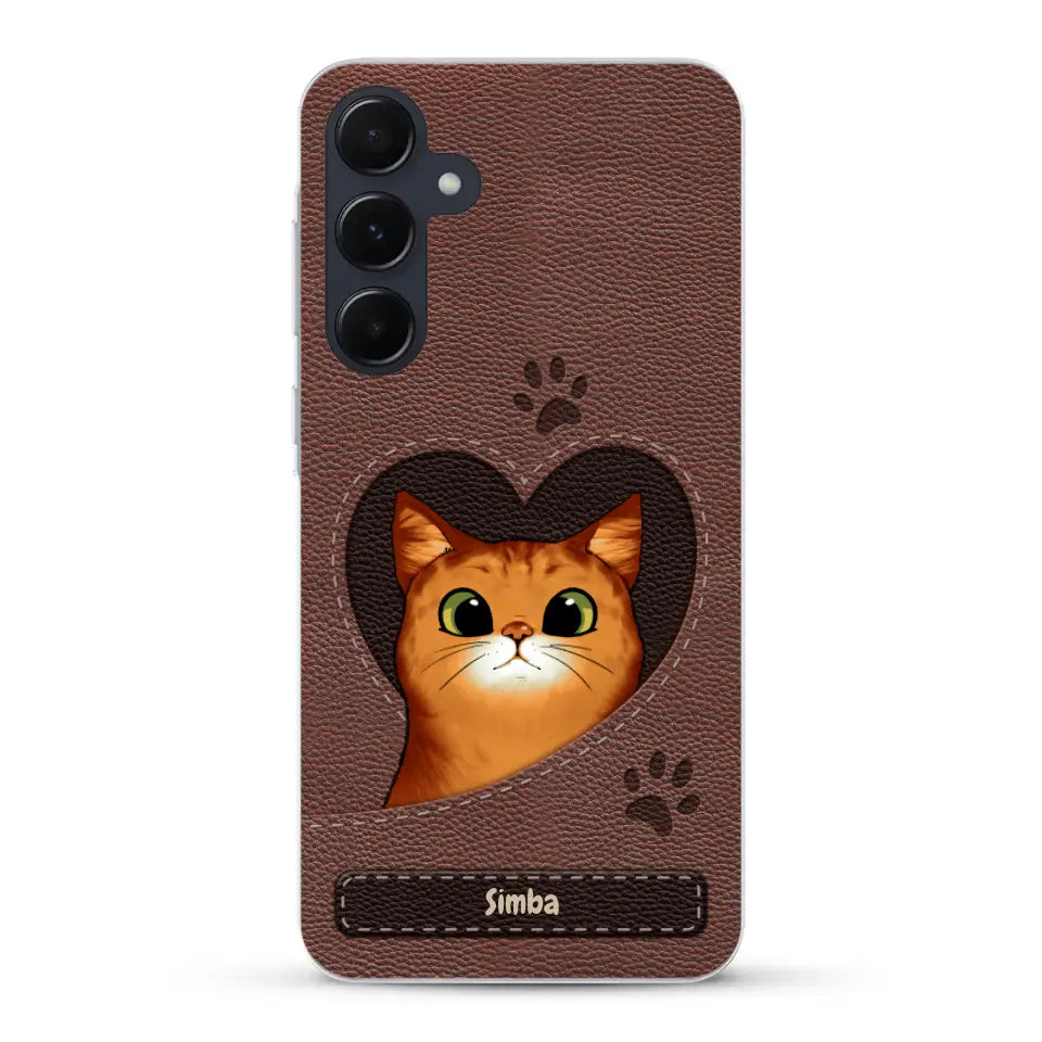 Custodia per il telefono personalizzata - Gatto con cuore aspetto similpelle