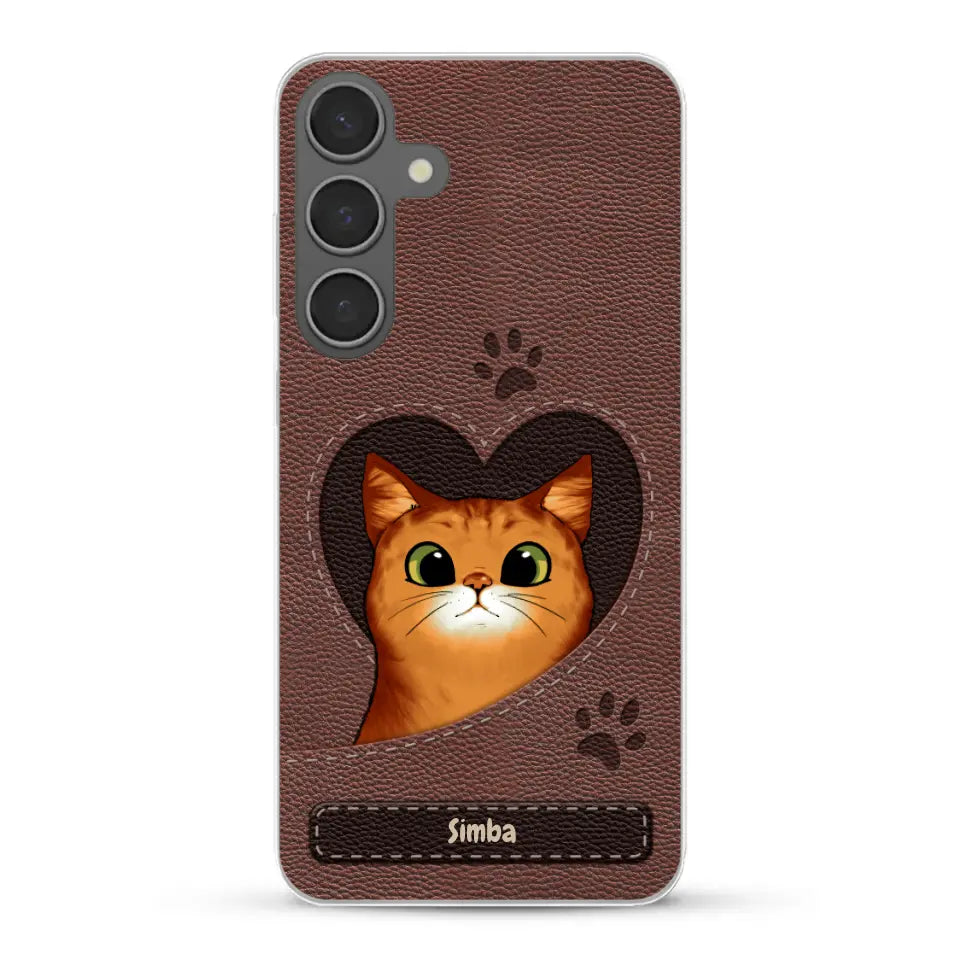 Custodia per il telefono personalizzata - Gatto con cuore aspetto similpelle