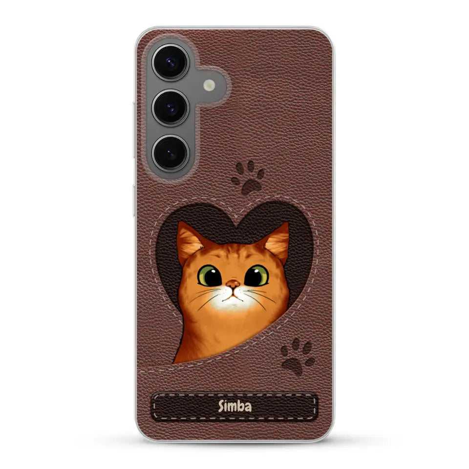 Custodia per il telefono personalizzata - Gatto con cuore aspetto similpelle
