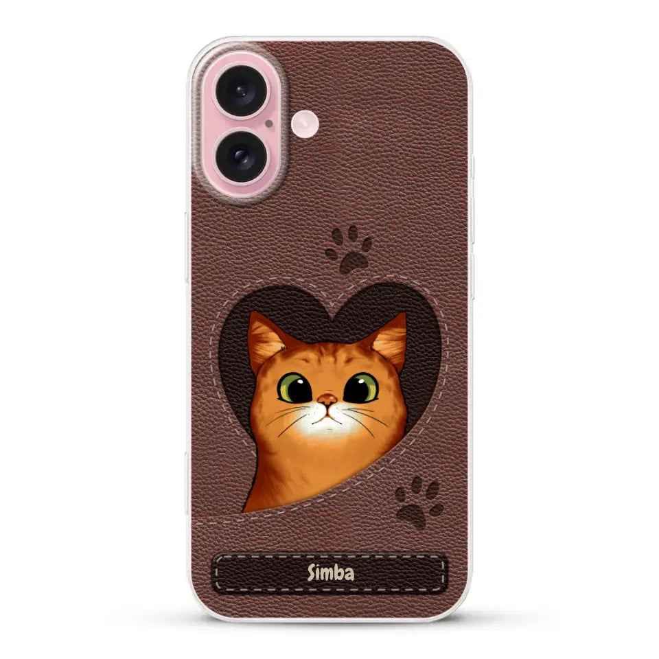Custodia per il telefono personalizzata - Gatto con cuore aspetto similpelle